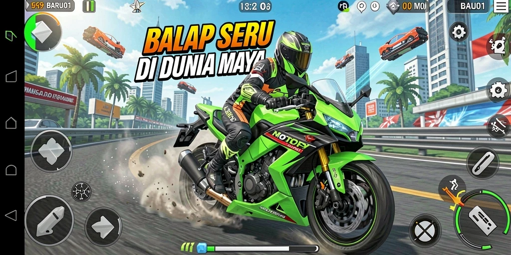 Tangkapan layar gameplay BARU01 dengan aksi balap motor yang mendebarkan.