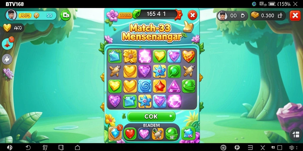 Tampilan gameplay BTV168 yang penuh warna dalam genre Match-3.