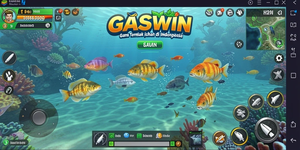 Screenshot utama GASWIN menunjukkan aksi menembak ikan yang seru dan mengasyikkan.