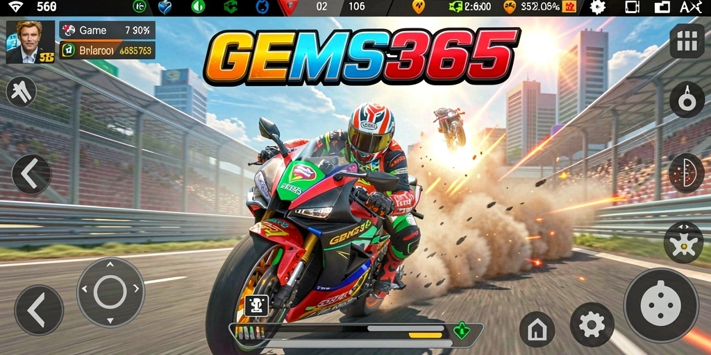 Gameplay seru GEMS365 dengan balapan motor yang menegangkan.