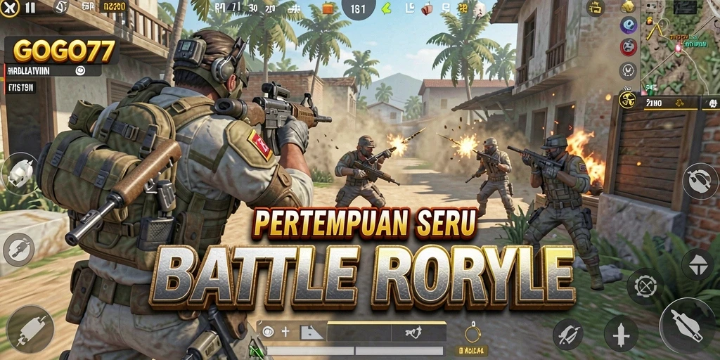 Gambar gameplay dramatis dari GOGO77 dalam pertempuran Battle Royale.