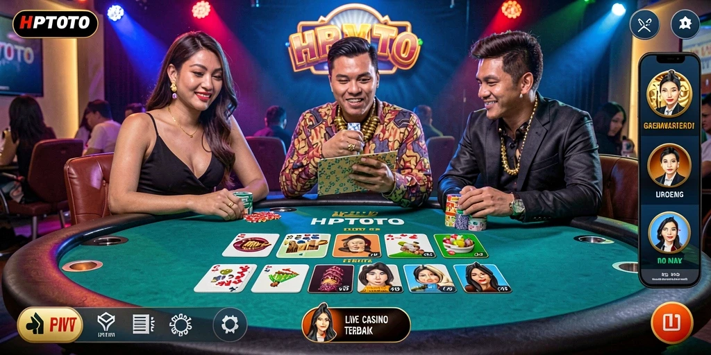 Screenshot gameplay HPTOTO menampilkan dealer langsung dan suasana kasino yang hidup.