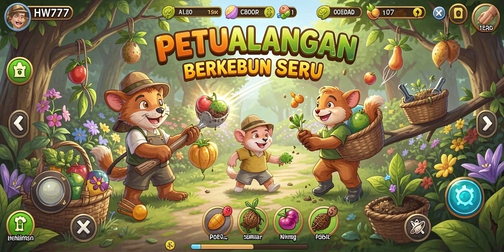 Gameplay seru HW777 dengan kebun yang subur dan hewan ternak.