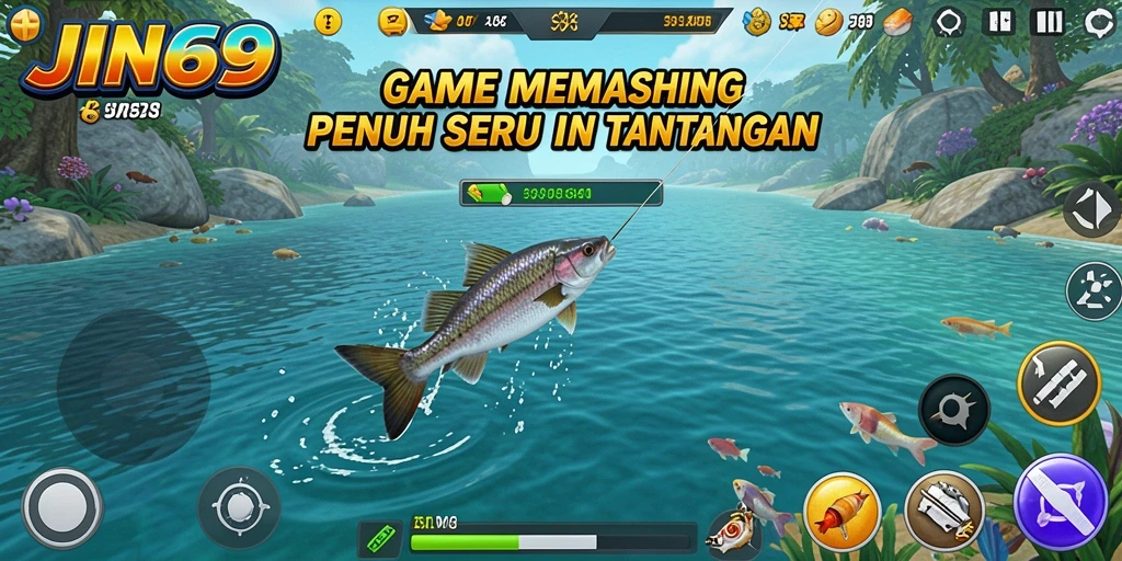 Tampilan gameplay JIN69 menampilkan pemain saat memancing di laut yang indah.