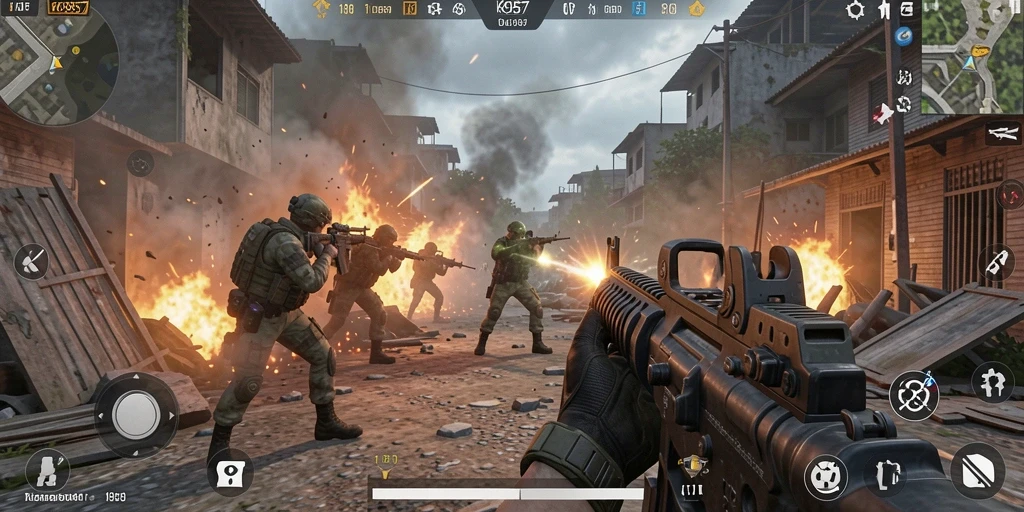 Tampilan gameplay KO857 yang menegangkan dalam pertempuran FPS.