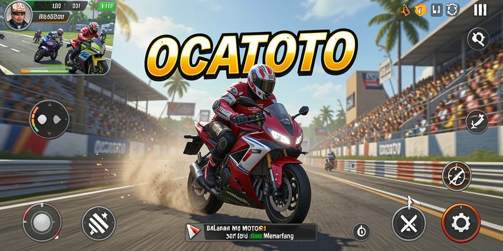Screenshot gameplay OCATOTO menampilkan balapan motor yang mendebarkan.
