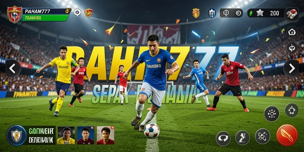 Screenshot utama PAHAM777 menampilkan aksi seru di lapangan sepak bola.