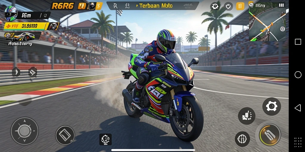 Tangkapan layar R6R6 menampilkan intense gameplay balapan motor.