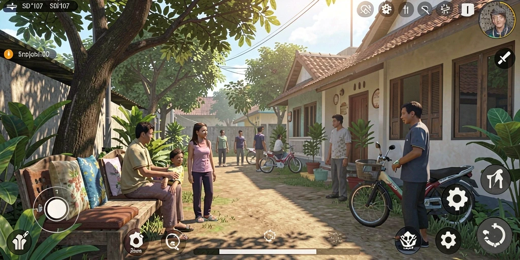 Tangkapan layar gameplay <strong>SD107</strong> yang menunjukkan interaksi karakter di lingkungan virtual.