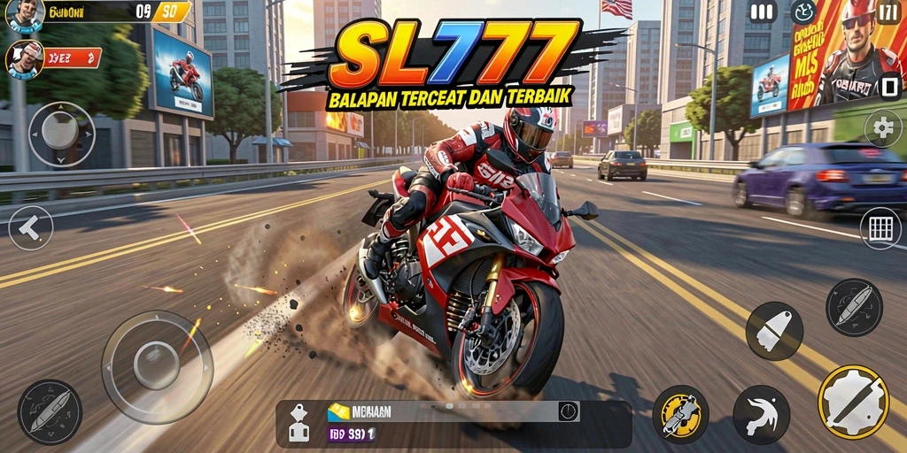 Tampilan screenshot gameplay SL777 yang mendebarkan saat balapan motor.