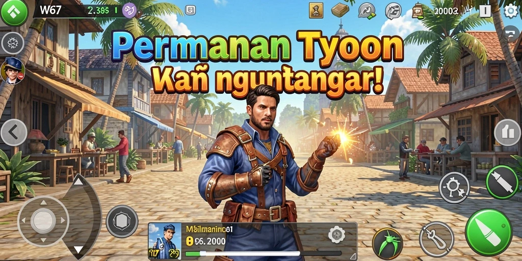 Tampilan gameplay utama di W67 dengan simulasi bisnis yang seru.